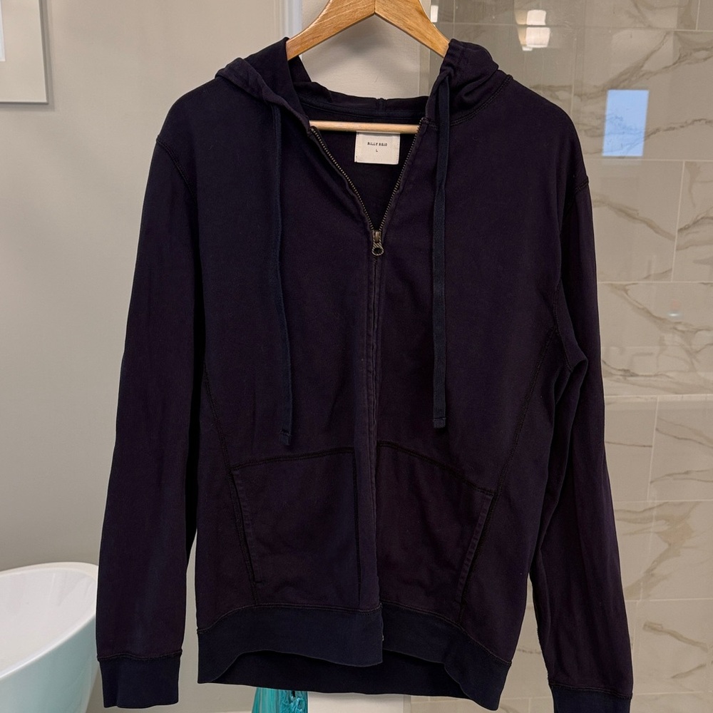 Billy Reid  Navy Zip-Up Hoodie with Brass Zipper